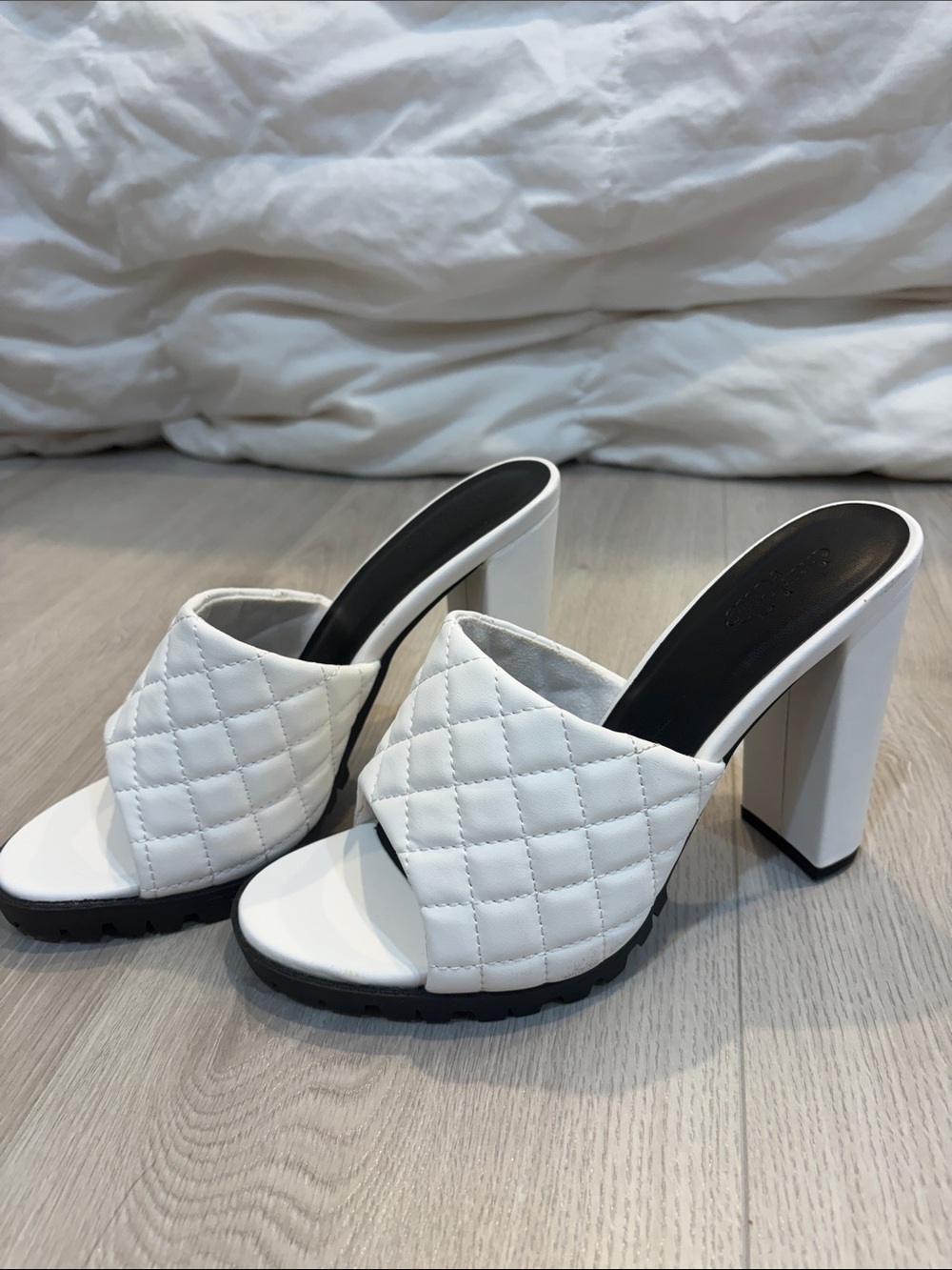 White Quilted High Heel Slide Sandals - Women